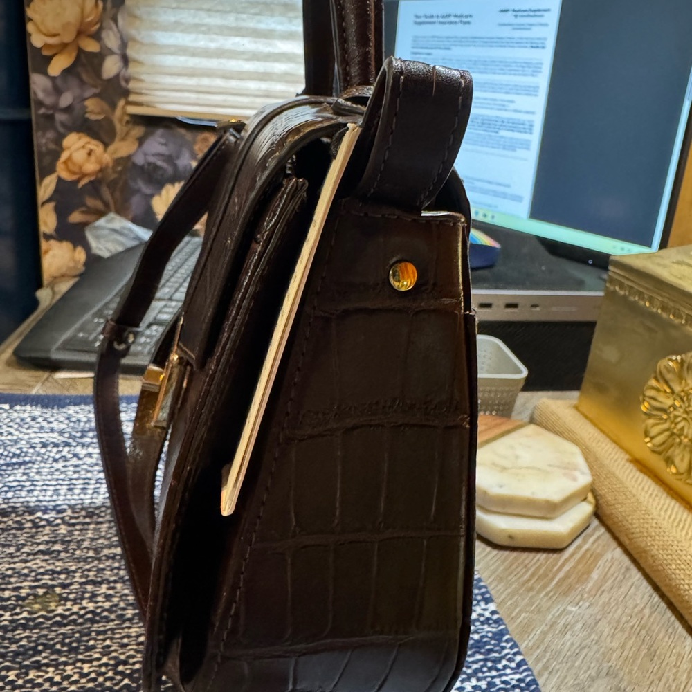 Brahmin Dark Brown Croc-Embossed Leather Satchel with Gold Hardware - Picture 3 of 11